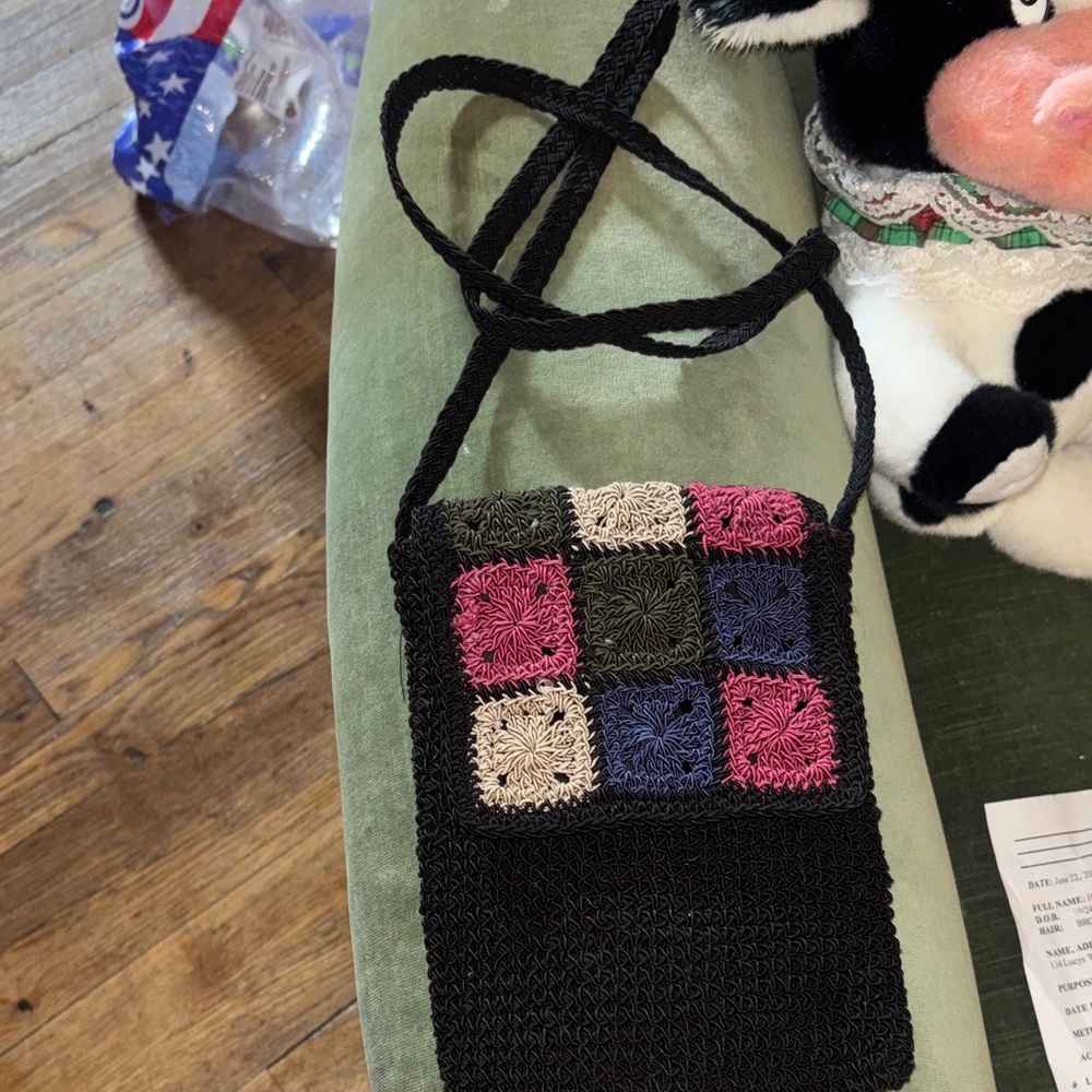 Handmade Black Crochet Crossbody Bag with Colorful Square Accents
